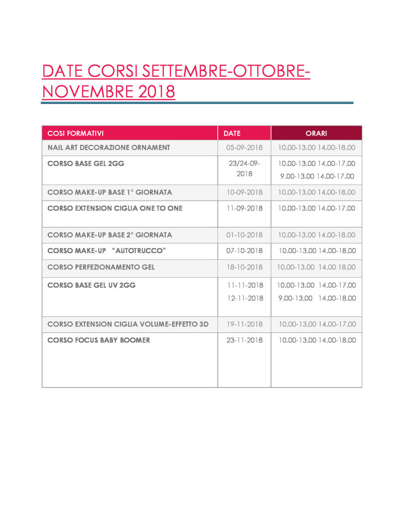 DATE CORSI SETTEMBRE-OTTOBRE-NOVEMBRE 2018